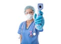 Medical nurse taking a temperature check for fever with infrared thermometer