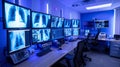 A medical office with multiple computer monitors displaying X-rays. The room is lit with blue light Royalty Free Stock Photo