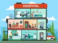 Medical office rooms. Hospital building interior, emergency clinic doctor waiting room and surgery doctors cartoon Royalty Free Stock Photo