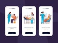 Medical onboard screen. Mobile app UI with blood donation, doctor appointment and examination scenes. Vector screens set