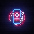 Medical Online neon sign design template. Medical Online neon emblem, light banner. Online consultation. Smartphone in Royalty Free Stock Photo