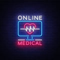 Medical Online neon sign design template. Medical Online neon emblem, light banner. Online consultation. Vector Royalty Free Stock Photo