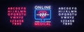 Medical Online neon sign design template. Medical Online neon emblem, light banner. Online consultation. Vector