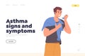 Medical online service landing page with asthma signs and symptoms, young man suffering from attack