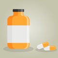 Medical orange bottle with label. Pills in capsules. Flat vector