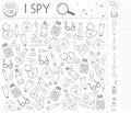 Medical outline I spy game for kids. Healthcare themed searching and coloring activity for preschool children with cute elements.