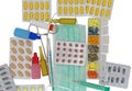 Medical pack of pills and syringe on white Royalty Free Stock Photo