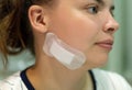 A medical patch on the face of a young girl. The patch is applied to the keloid on the cheek of a young woman after a laser proced Royalty Free Stock Photo