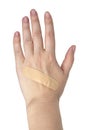 Medical patch plaster on woman hand isolated on the white background Royalty Free Stock Photo