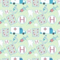 medical pattern with color elements of ambulance, pills, hospital sign, syringe, tooth and microscope