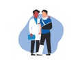 A medical person in white help an Injured man with broken arm. Vector illustration in flat style