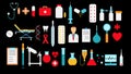 Medical pharmaceutical big set of medical items, equipment, icons on a black background: pills thermometers capsules flasks