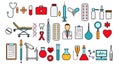 Medical pharmaceutical big set of medical items, equipment, items of icons on a white background: tablets thermometers capsules Royalty Free Stock Photo