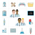 Medical and pharmaceutical or pharma icons. Thermometer, tablets and pills, drug, cardiogram, syringe, folder and documents.