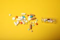 Medical pharmacology addiction. Antidepressant, antibiotic, antioxidant, aspirin pills Royalty Free Stock Photo