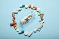 Medical pharmacology addiction. Antidepressant, antibiotic, antioxidant, aspirin pills Royalty Free Stock Photo