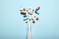 Medical pharmacology addiction. Antidepressant, antibiotic, antioxidant, aspirin pills Royalty Free Stock Photo