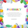 Medical pharmacy banner with tablets and capsules background. Painkillers and vitamins pharmaceutical poster. Health