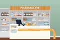 Medical pharmacy or drugstore interior design. Chemist or apothecary, dispensary and clinical, ambulatory or community