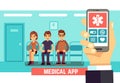 Medical phone mobile app. Healthcare and hospital vector concept with doctors and patients