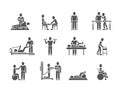 Medical physical therapy and people rehabilitation treatment black silhouette vector icons