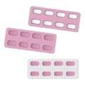 Medical pill blister packages with individual detachable cells pink color set. Oblong medicine tablets pharmaceutical packaging