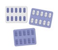 Medical pill blisters isolated on white background blue color. Ten oblong medicine tablets per pack vector template