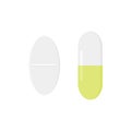 Medical pill flat design vector illustration. Capsule and tablet isolated on white background. chemical drug and health care