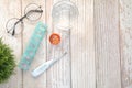 medical pill, thermometer , water glass and pill box on table Royalty Free Stock Photo