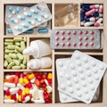 Medical pills and ampules in wooden box Royalty Free Stock Photo