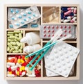 Medical pills and ampules in wooden box Royalty Free Stock Photo