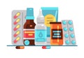 Medical pills and bottles. Healthcare, medication, pharmacy or drugstore vector concept Royalty Free Stock Photo