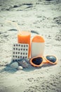 Medical pills, carrot juice and accessories for sunbathing at beach, vitamin A and beautiful, lasting tan Royalty Free Stock Photo