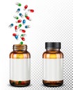 Medical pills falling into glass jar on transparent Royalty Free Stock Photo