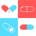 Medical pills icons set on the white, blue, and red background. Medicine, pharmacy, hospital set of drugs. Medication, pharmaceuti Royalty Free Stock Photo