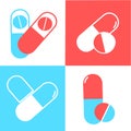 Medical pills icons set on the white, blue, and red background. Medicine, pharmacy, hospital set of drugs. Medication, pharmaceuti Royalty Free Stock Photo