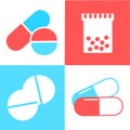 Medical pills icons set on the white, blue, and red background. Medicine, pharmacy, hospital set of drugs. Medication, pharmaceuti Royalty Free Stock Photo