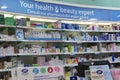 Medical pills and medical drugs on pharmacy stand in supermarket Siam Paragon. Bangkok, Thailand