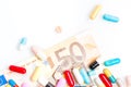 Medical pills over fifty euro banknote Royalty Free Stock Photo