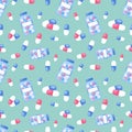 Medical pills seamless background. Pharmacy pattern. Colorful pills, tablets and capsules. Vector flat illustration Royalty Free Stock Photo
