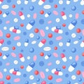 Medical pills seamless pattern. Pharmacy blue endless background. Colorful pills, tablets and capsules. Vector flat illustration