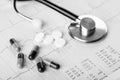 Medical pills and stethoscope Royalty Free Stock Photo