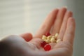 Medical pills in young female hand. Vitamins in human palm Royalty Free Stock Photo