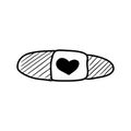 Medical plaster bandage with heart decoration in black isolated on white background. Hand drawn vector sketch illustration in