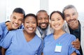 Medical, portrait of doctors and happy together at hospital or clinic with smile. Diversity, medical team for healthcare