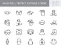 Medical PPE line icons. Vector illustration included icon as face mask, gloves, doctor gown, hair cover, biohazard waste