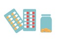 Medical preparations in various forms. Pill bottle, blisters in flat style. Medicine concept. Medicine, medicament icons