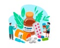 Medical prescription, pills and drops. Doctors and medicines for treatment of diseases. Flat vector illustration