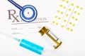 Medical prescription, pills, stethoscope and syringe - symbol of medicine Royalty Free Stock Photo