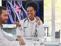 Medical presentation, woman doctor smile and healthcare team in a doctors meeting. X ray research, happy and Royalty Free Stock Photo